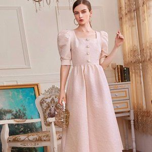 NWT Puff Sleeve Pearl Button Front Textured Dress